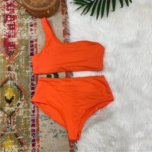 Girlfriend Collective Orange One-Shoulder High Rise Seamless Bikini Set